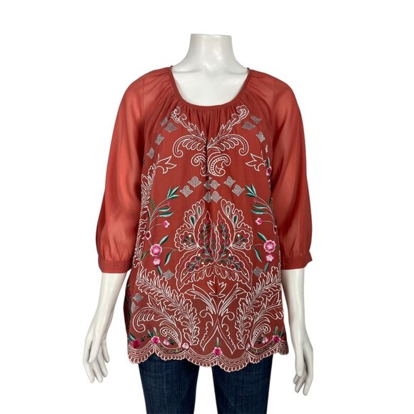 Soft Surroundings Sunrise Canyon Bella Top Petite XL PXL New Embroidered Orange - Picture 1 of 5